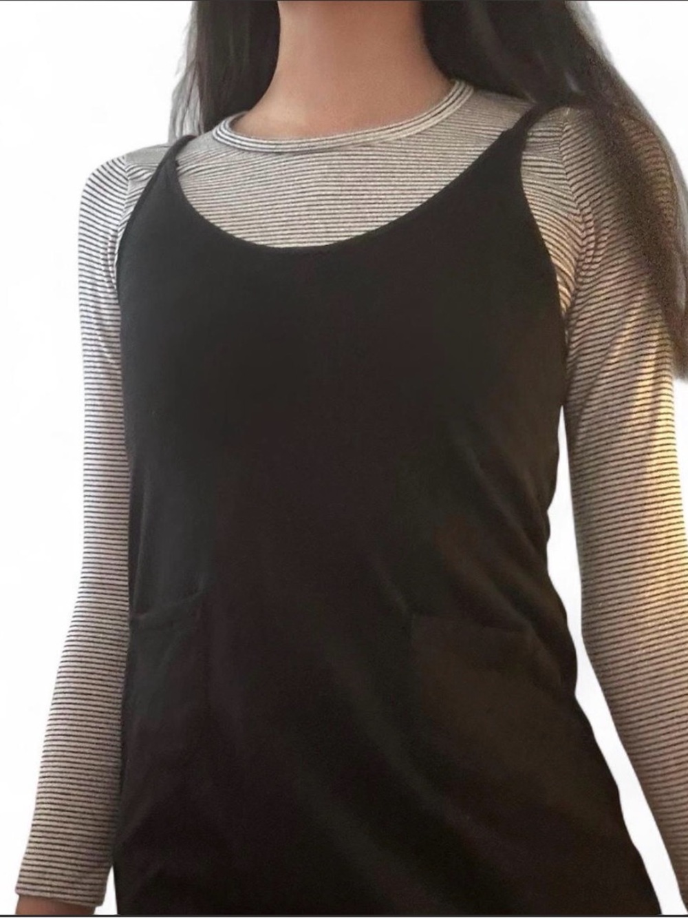 Black Layered Slip Top with Striped Long-Sleeve Underlay